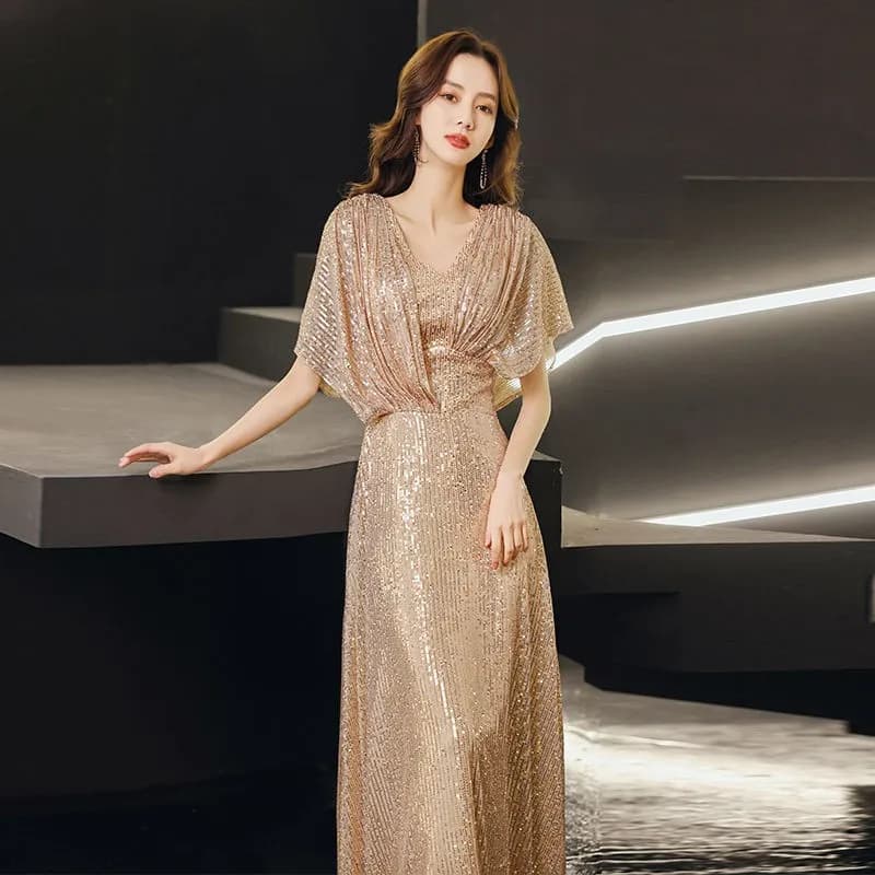 Gold Evening Gown Women's Elegant Luxury Performance Dress Long Evening Dress Short Sleeve mid Waist Slim Fit Deep V Neck Sequin