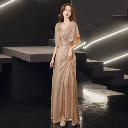 Gold Evening Gown Women's Elegant Luxury Performance Dress Long Evening Dress Short Sleeve mid Waist Slim Fit Deep V Neck Sequin