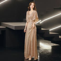 Gold Evening Gown Women's Elegant Luxury Performance Dress Long Evening Dress Short Sleeve mid Waist Slim Fit Deep V Neck Sequin