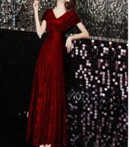 Gold Evening Gown Women's Elegant Luxury Performance Dress Long Evening Dress Short Sleeve mid Waist Slim Fit Deep V Neck Sequin