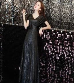 Gold Evening Gown Women's Elegant Luxury Performance Dress Long Evening Dress Short Sleeve mid Waist Slim Fit Deep V Neck Sequin