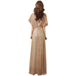 Gold Evening Gown Women's Elegant Luxury Performance Dress Long Evening Dress Short Sleeve mid Waist Slim Fit Deep V Neck Sequin