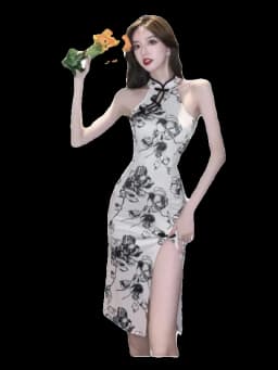 Pure Desire Improved National Trend Print Young Style Retro Slim Fit Sleeveless High Slit Midi Dress for Teens