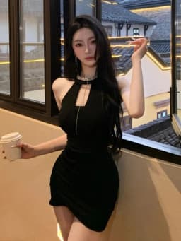 Black Sexy Hepburn Style Hanging Neck  Dress Slimming Bodycon High Waist Hollow out Short Skirt Party Evening Gown