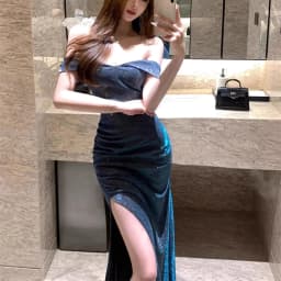 Blue Sexy Bustier Dress Adult Birthday Party Gown Evening Short Sleeve High Waist Slim Fit Polyester Long Dress for Daily Wear