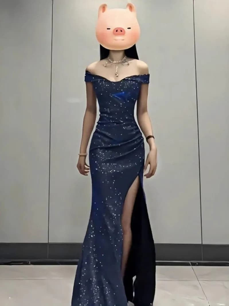 Blue Sexy Bustier Dress Adult Birthday Party Gown Evening Short Sleeve High Waist Slim Fit Polyester Long Dress for Daily Wear