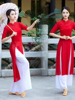 Red National Dance Costume Mesh Outfit Performance Practice Uniform White Net Shirt Square Dancing Traditional Costume Women