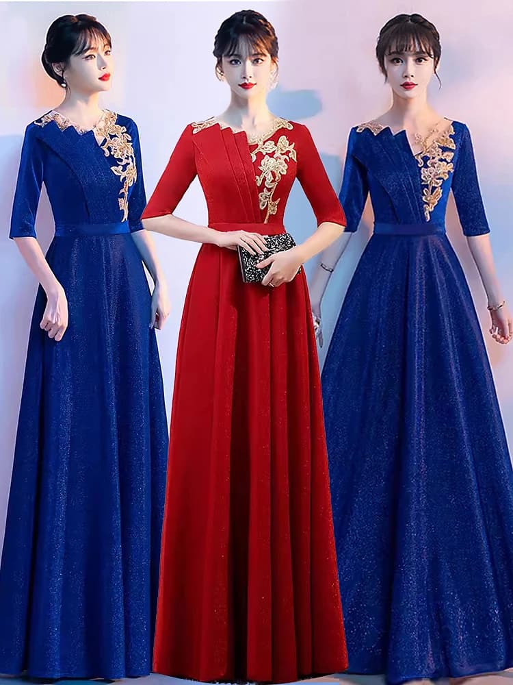 Adult Women's Long Skirt Velvet Performance Costume Gold Red Stage Chorus Conducting Dress Summer New Style Sparkling Sequin