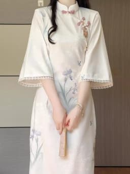 New 2026 Spring Matcha Tofu Improved New Chinese Style Flower Sleeve Long Skirt Elegant Long Qipao for Young Girls