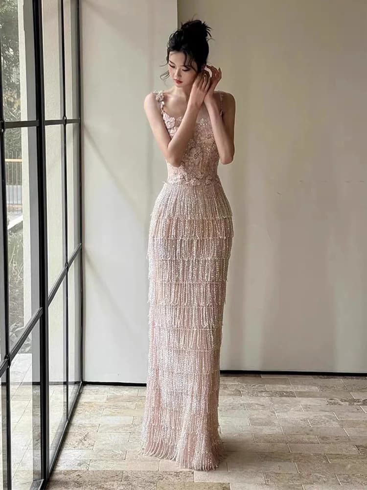 Ele Heavy Embellied Morning Robe for Women Wedding Dr Skirt Faionable Mid-Waist Zipper Sle Long Evening Gown