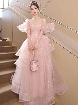 Ele Pink Evening Gown Fem Host Art Exam Super Fairy T Wedding Dr Korean Sle Flower Pattern mid Waist Long Skirt