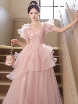 Ele Pink Evening Gown Fem Host Art Exam Super Fairy T Wedding Dr Korean Sle Flower Pattern mid Waist Long Skirt