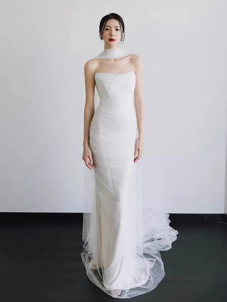 Ele White Satin Fi Tail Evening Dr Wedding Gown Simple Princ Sle Bridal Outfit Guest eeting Long Skirt