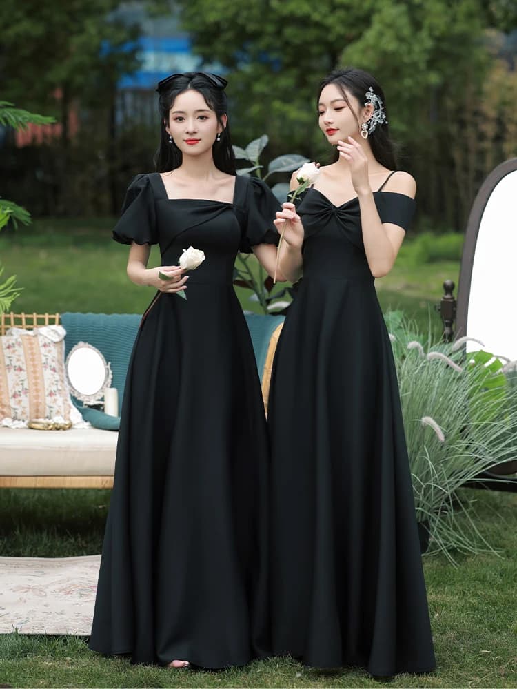 Slimming Black Long Evening Dress Women's Style Sister's Gown Performance Outfit Adult Ceremony Dress Korean Style A-Line Skirt