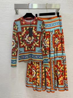 Early Spring Lemon Print T-Shirt And High Waist Mesh Skirt Set Women's Holiday Fashionable Ethnic Style Stage Costume