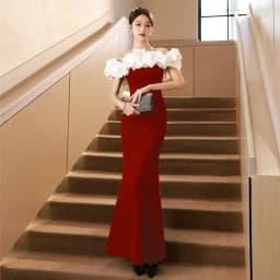 Ele Evening Gown One oulder High Waist Fi Tail Dr for Women Par Ball Host Polyester Fabric ort Sve Long ...