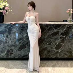 Sexy High-Neck Diamond-Decorated Evening Gown Slim-Fit Backless Strapless Dress for Women Elegant Long Skirt Party Wear
