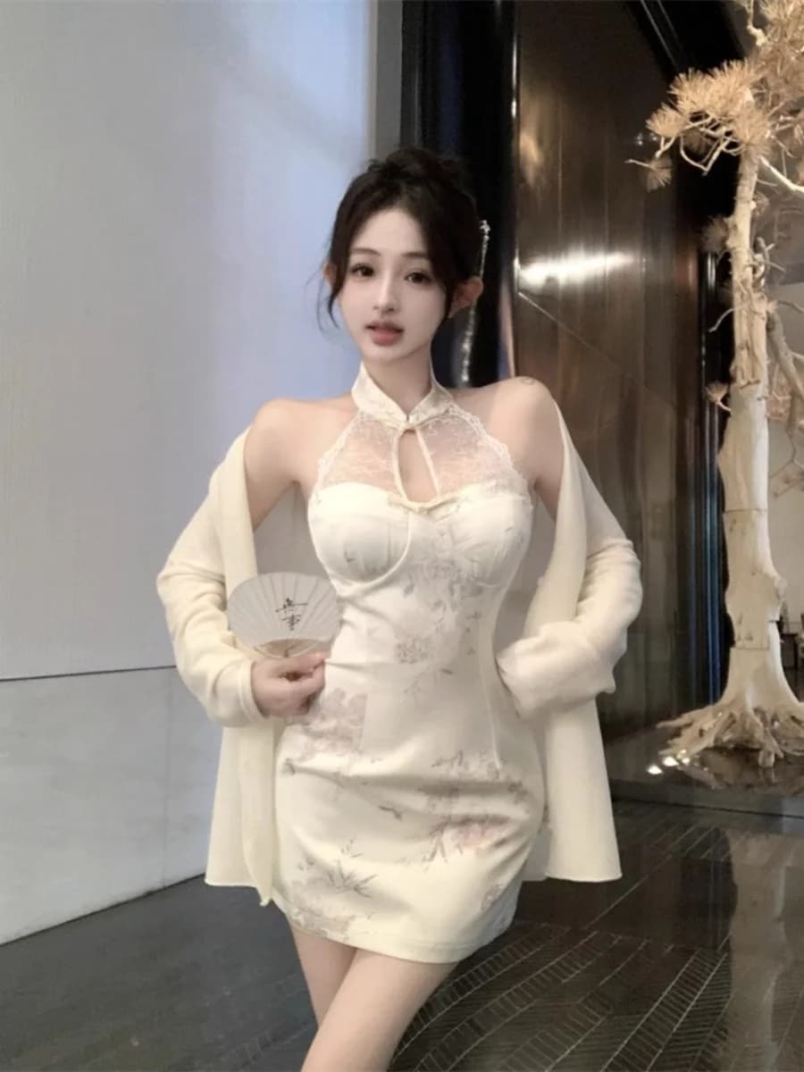 Elegant Chinese Style Dress Women's Summer Beautiful Bodycon Dress Lace Halter Neck Strapless Short