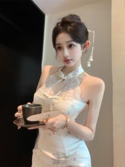 Elegant Chinese Style Dress Women's Summer Beautiful Bodycon Dress Lace Halter Neck Strapless Short