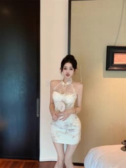 Elegant Chinese Style Dress Women's Summer Beautiful Bodycon Dress Lace Halter Neck Strapless Short