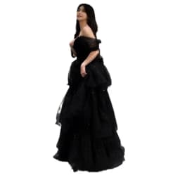 Black Puffy Skirt Dress Luxury High-End Graduation Ceremony Women's Korean Style Short Sleeve One Shoulder mid Waist Belt