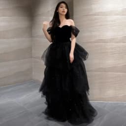 Black Puffy Skirt Dress Luxury High-End Graduation Ceremony Women's Korean Style Short Sleeve One Shoulder mid Waist Belt