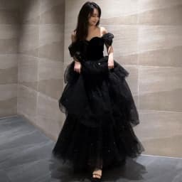 Black Puffy Skirt Dress Luxury High-End Graduation Ceremony Women's Korean Style Short Sleeve One Shoulder mid Waist Belt