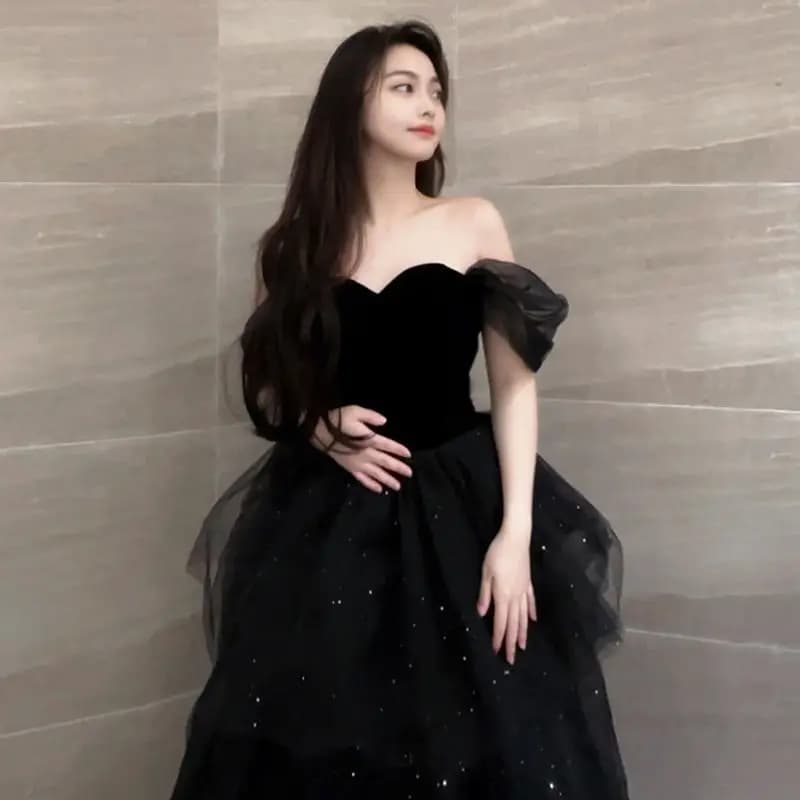 Black Puffy Skirt Dress Luxury High-End Graduation Ceremony Women's Korean Style Short Sleeve One Shoulder mid Waist Belt