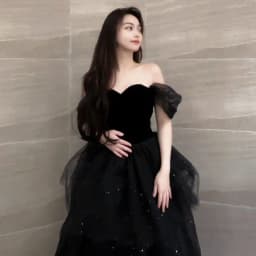 Black Puffy Skirt Dress Luxury High-End Graduation Ceremony Women's Korean Style Short Sleeve One Shoulder mid Waist Belt