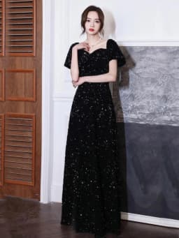Elegant Black Sequin Evening Dress Women's Concert Chorus Hostess Performance Costume High Waist A-Line Skirt Long Sleeve