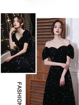 Elegant Black Sequin Evening Dress Women's Concert Chorus Hostess Performance Costume High Waist A-Line Skirt Long Sleeve