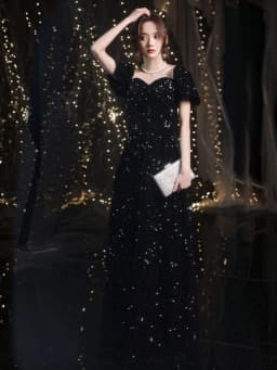 Elegant Black Sequin Evening Dress Women's Concert Chorus Hostess Performance Costume High Waist A-Line Skirt Long Sleeve