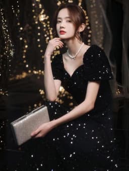 Elegant Black Sequin Evening Dress Women's Concert Chorus Hostess Performance Costume High Waist A-Line Skirt Long Sleeve