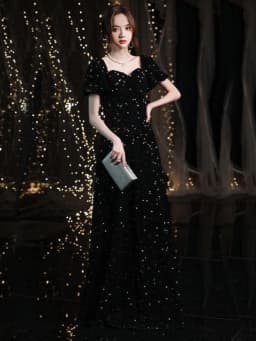 Elegant Black Sequin Evening Dress Women's Concert Chorus Hostess Performance Costume High Waist A-Line Skirt Long Sleeve