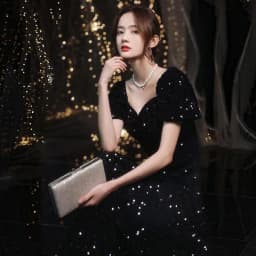 Elegant Black Sequin Evening Dress Women's Concert Chorus Hostess Performance Costume High Waist A-Line Skirt Long Sleeve