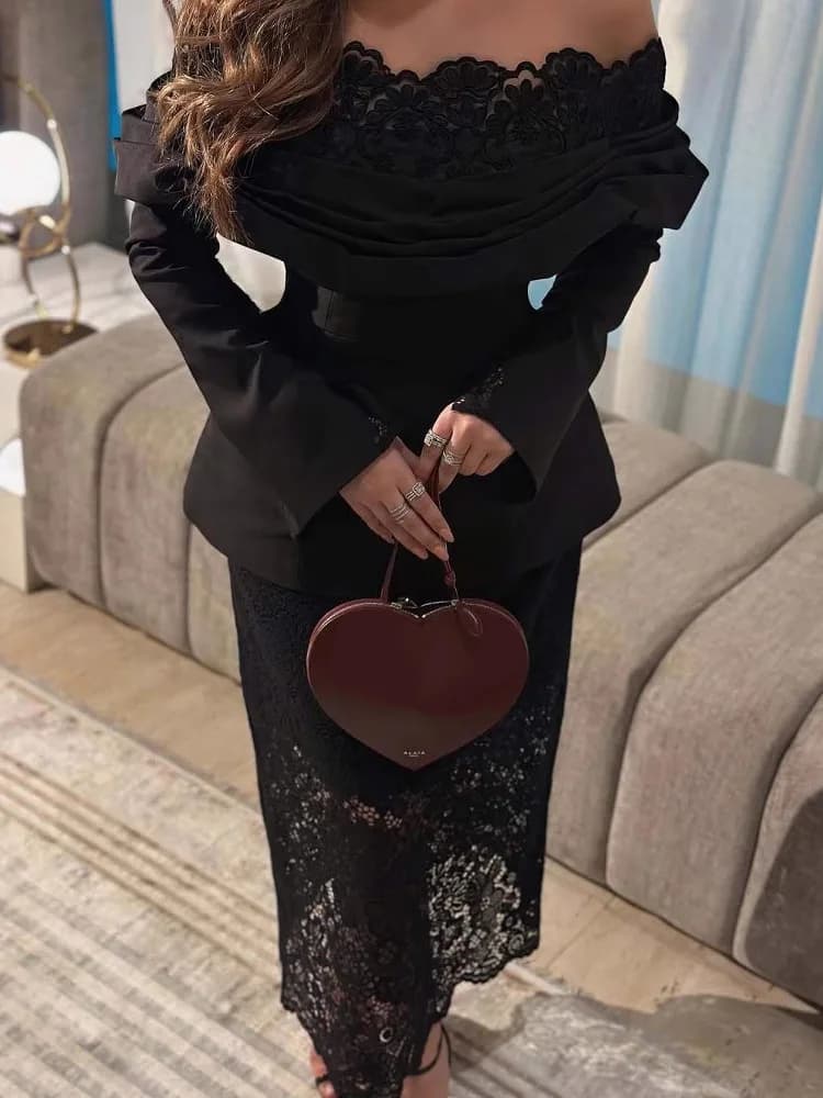 Black Sexy Lace Evening Dress One Shoulder Long Sleeve mid Waist Floor Length Party Dress for Women Suitable for Various Occa...