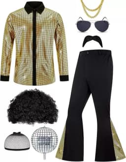 Adult Men's 70s 80s Classic Disco Outfit Shiny Shirt Flared Pants Accessories Set Bright Polyester Fabric Stage Costume