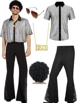 Adult Men's 70s 80s Classic Disco Outfit Shiny Shirt Flared Pants Accessories Set Bright Polyester Fabric Stage Costume