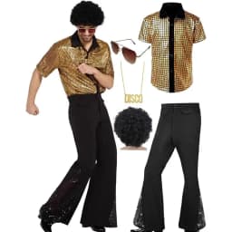 Adult Men's 70s 80s Classic Disco Outfit Shiny Shirt Flared Pants Accessories Set Bright Polyester Fabric Stage Costume
