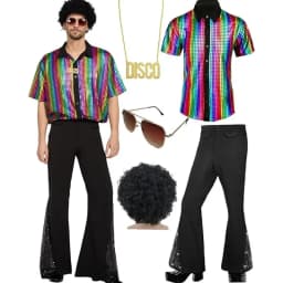 Adult Men's 70s 80s Classic Disco Outfit Shiny Shirt Flared Pants Accessories Set Bright Polyester Fabric Stage Costume