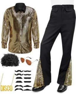 Adult Men's 70s 80s Classic Disco Outfit Shiny Shirt Flared Pants Accessories Set Bright Polyester Fabric Stage Costume
