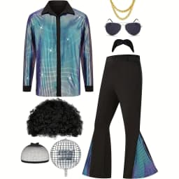 Adult Men's 70s 80s Classic Disco Outfit Shiny Shirt Flared Pants Accessories Set Bright Polyester Fabric Stage Costume
