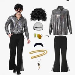 Adult Men's 70s 80s Classic Disco Outfit Shiny Shirt Flared Pants Accessories Set Bright Polyester Fabric Stage Costume