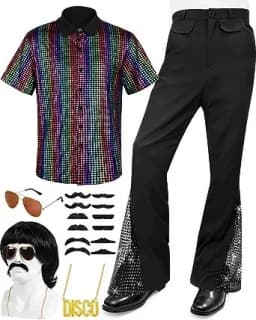 Adult Men's 70s 80s Classic Disco Outfit Shiny Shirt Flared Pants Accessories Set Bright Polyester Fabric Stage Costume