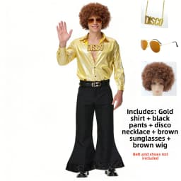Adult Men's 70s 80s Classic Disco Outfit Shiny Shirt Flared Pants Accessories Set Bright Polyester Fabric Stage Costume