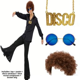 Adult Men's 70s 80s Classic Disco Outfit Shiny Shirt Flared Pants Accessories Set Bright Polyester Fabric Stage Costume