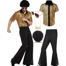 Adult Men's 70s 80s Classic Disco Outfit Shiny Shirt Flared Pants Accessories Set Bright Polyester Fabric Stage Costume