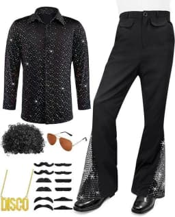 Adult Men's 70s 80s Classic Disco Outfit Shiny Shirt Flared Pants Accessories Set Bright Polyester Fabric Stage Costume