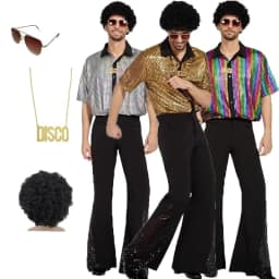 Adult Men's 70s 80s Classic Disco Outfit Shiny Shirt Flared Pants Accessories Set Bright Polyester Fabric Stage Costume