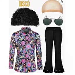 Adult Men's 70s 80s Classic Disco Outfit Shiny Shirt Flared Pants Accessories Set Bright Polyester Fabric Stage Costume